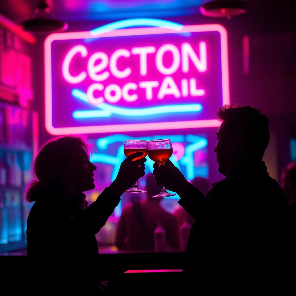 Two people cheers cocktails at a neon-lit bar