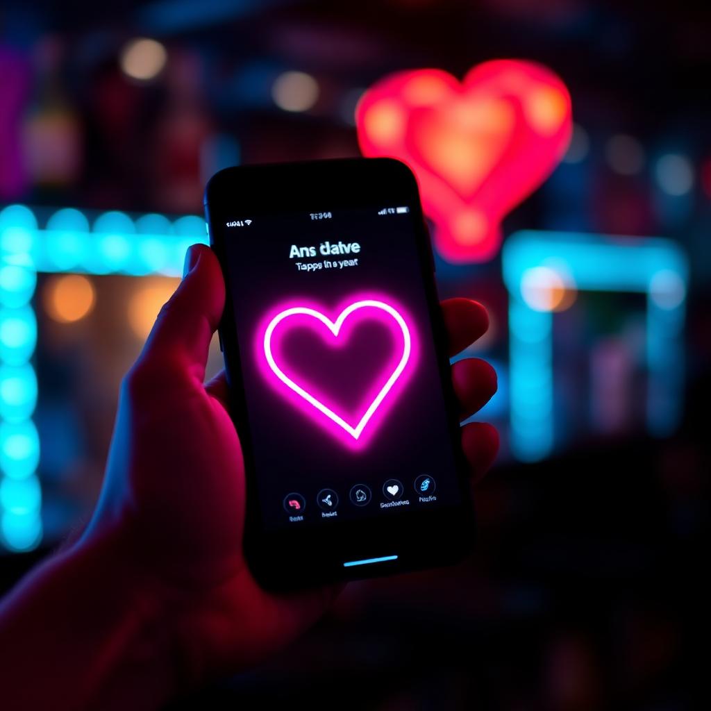 Phone with hello dating app at a neon bar